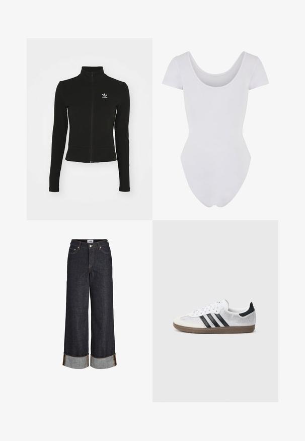 Zwarte zip-up jas met lange mouwen, gemaakt van textuurmateriaal, met een klein blauw Adidas-logo op de linkerborst.; Witte korte mouw bodysuit met een ronde hals, gemaakt van zachte, elastische stof. Het ontwerp heeft een aangesloten silhouet en een naadloze constructie.; Donkerblauwe wijde jeans met omgeslagen zomen, vijf zakken en contrasterend gele stiksels.; Witte mesh sneaker met zwarte strepen, beige suède neuskapje en hielaccent, gestructureerde rubberen zool en witte veters. Klassiek ontwerp met lage schacht.