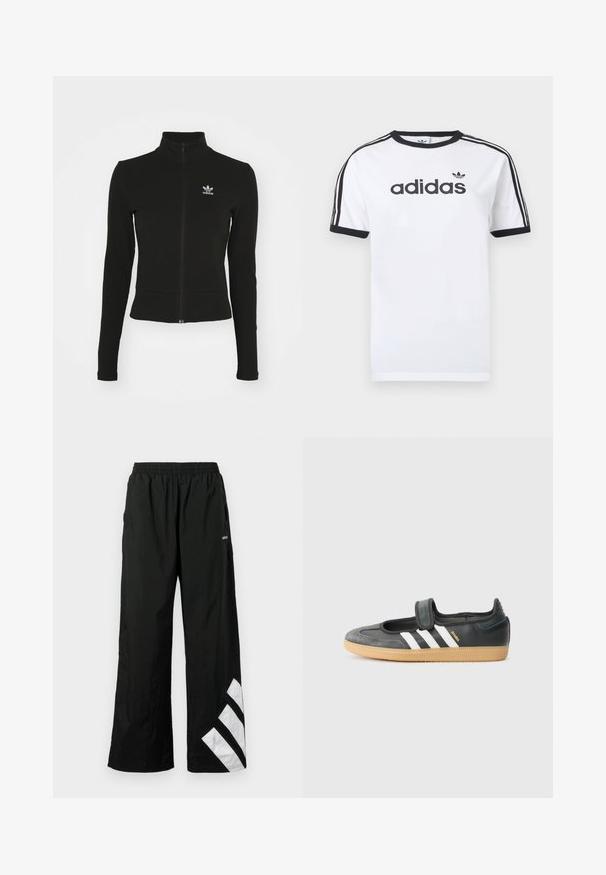 Zwarte zip-up jas met lange mouwen, gemaakt van textuurmateriaal, met een klein blauw Adidas-logo op de linkerborst.; Wit katoenen T-shirt met zwarte accenten, voorzien van een ronde hals, korte mouwen, drie zwarte strepen op de schouders en het "adidas"-logo in het zwart.; Zwarte broek met wijde pijpen van lichtgewicht materiaal, met een elastische tailleband en een witte diagonale streep op het linkerbeen.; Zwarte leren en suède sneaker met een klittenbandsluiting, voorzien van drie witte strepen en een gumzool, met de naam "SAMBA" aan de zijkant.