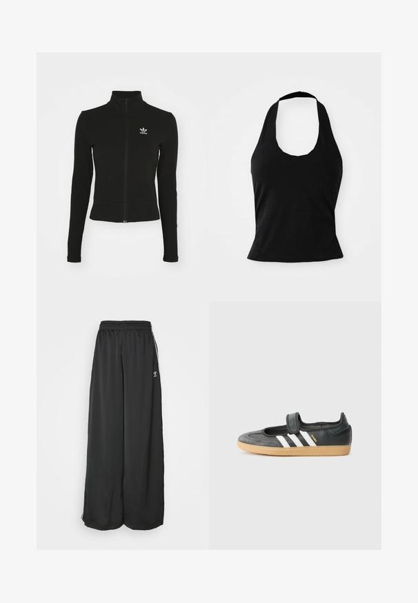 Čierna zipsová bunda s dlhými rukávmi, vyrobená z textúrovaného materiálu, s malým modrým logom Adidas na ľavej hrudi.; Čierny top na viazanie za krk vyrobený z jemnej tkaniny, s výstrihom vo forme lulky a priliehavým strihom, hladkej textúry a bez viditeľných vzorov.; Čierne široké tréningové nohavice vyrobené z hladkej látky. Obsahujú elastický pás a bočné pruhy s logom.; Čierne kožené a zamšové tenisky s Velcro pásikom, s tromi bielymi pruhmi a gumenou podrážkou, označené nápisom "SAMBA" na boku.