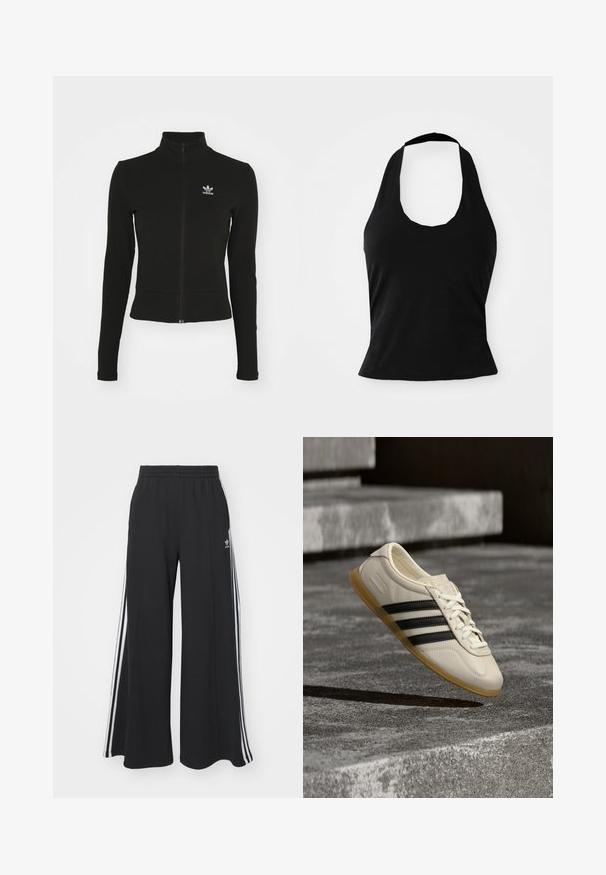 Zwarte zip-up jas met lange mouwen, gemaakt van textuurmateriaal, met een klein blauw Adidas-logo op de linkerborst.; Zwarte haltertop gemaakt van zacht materiaal, met een ronde hals en een getailleerde pasvorm, voorzien van een gladde textuur en zonder zichtbare patronen.; Zwarte broek met wijde pijpen en een elastische tailleband, met drie witte strepen langs de buitenkant en een klein logo aan de voorkant.; Witte sneaker met zwarte strepen en rubberen zool zwevend boven betonnen trap in zacht daglicht.