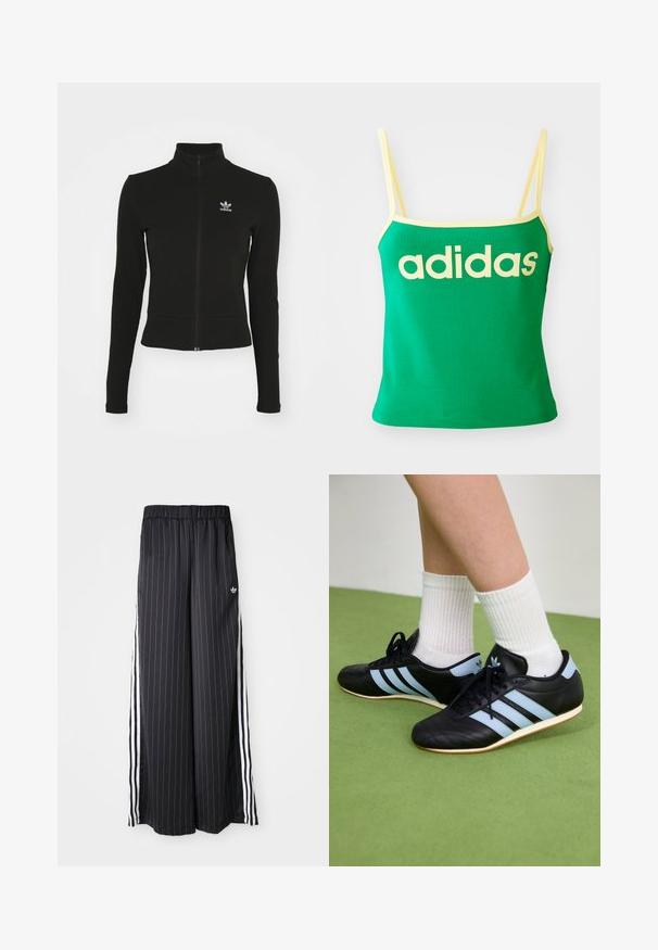 Doudoune noire zippée avec manches longues, fabriquée en matériau texturé, affichant un petit logo Adidas bleu sur la poitrine gauche.; Débardeur vert avec des accents jaunes, fabriqué dans un matériau extensible. Présente un grand logo "adidas" jaune sur le devant et des bretelles fines.; Pantalon large noir avec des rayures blanches verticales, taille élastique et trois rayures blanches sur le côté. Logo Adidas à l'avant.; Chaussures de sport en cuir noir avec des rayures bleu clair, tiges texturées et semelles en caoutchouc, accompagnées de chaussettes blanches à côtes sur un sol vert.