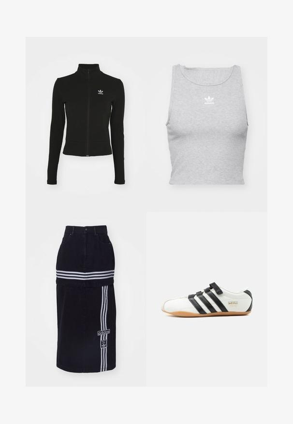 Doudoune noire zippée avec manches longues, fabriquée en matériau texturé, affichant un petit logo Adidas bleu sur la poitrine gauche.; Top court sans manches gris en tissu doux, avec un col rond et un petit logo Adidas blanc sur la poitrine.; Jupe en denim noir à taille haute, avec deux bandes horizontales blanches, une étiquette de logo Adidas sur le côté et un design droit.; Baskets Adidas Tokyo blanches avec des bandes noires, des sangles velcro noires et une semelle en gomme, présentées de profil sur un fond blanc.