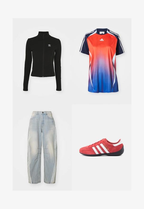 Must mustressede jakk, millel on pikad varrukad ja mis on valmistatud tekstuurilisest materjalist, ning mille vasakul rinnaku kohal on väike sinine Adidas'i logo.; Adidase lühikeste varrukatega spordipluus, millel on punasest siniseks üleminek, tumesinised aktsendid ja valged triibud õlgade äärte ümber.; Heledad sinine teksarihm, millel on lõtv lõige, valged triibud külgedel, kulunud detailid ja nupuga sulgemine vööl.; Punane seemisnahast spordijalats valge kolme triibu disainiga, musta kummist tallaga ja minimalistliku kujuga. Külje peal kuldse logoga detail.