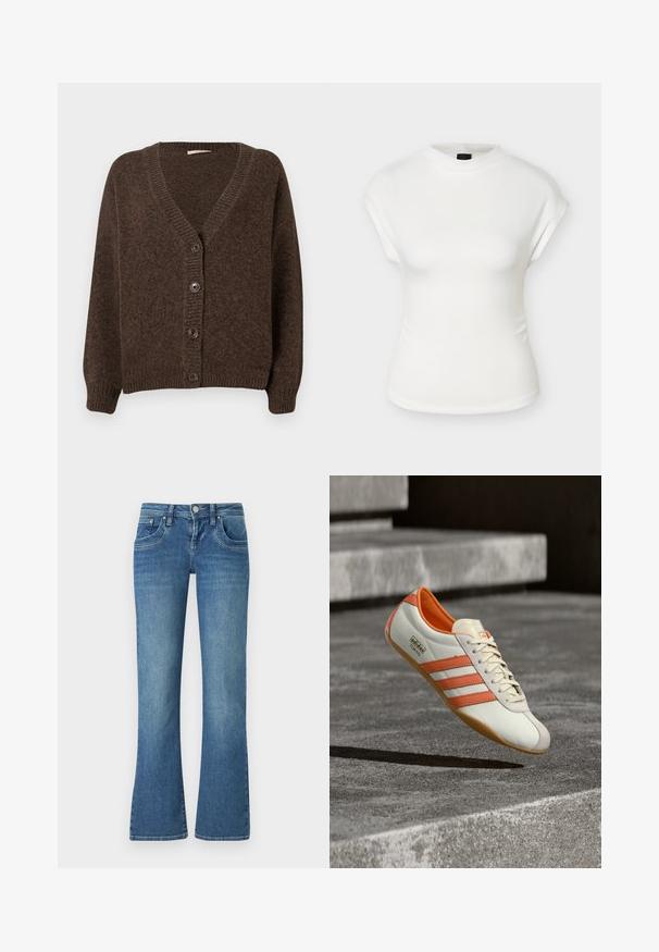 Brun strikket cardigan med v-hals, lange ærmer og fem knapper foran. Blød tekstur med ribbede manchetter og kant.; Hvid tætsiddende top med korte ærmer, høj rund halsudskæring og let polstrede skuldre, vist på en ensfarvet baggrund.; Lysblå flared jeans lavet af denim, med fem lomme design, kontrast syninger og en knaplukning i taljen.; Hvid og orange sneaker med tre laterale striber, glat læderoverdel, tekstureret sål og afrundet tå. Har logoet "adidas TOKYO."