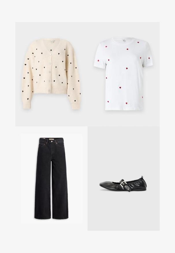 Crème v-hals cardigan met een geribbelde textuur, zwarte hartpatronen en drie knopen aan de voorkant. Lange, iets gepofte mouwen.; Witte katoenen t-shirt met verspreide rode geborduurde hartjes. Klassieke ronde hals en korte mouwen. Eenvoudig, modern ontwerp.; Zwarte brede jeans gemaakt van denim, met vijf zakken, koperen klinknagels en een klassieke knoopsluiting. Glad van textuur met een strakke uitstraling.; Zwarte leren platte schoen met een spitse neus, geplooide details rond de opening en een zilveren gespaccentueerde verstelbare band.