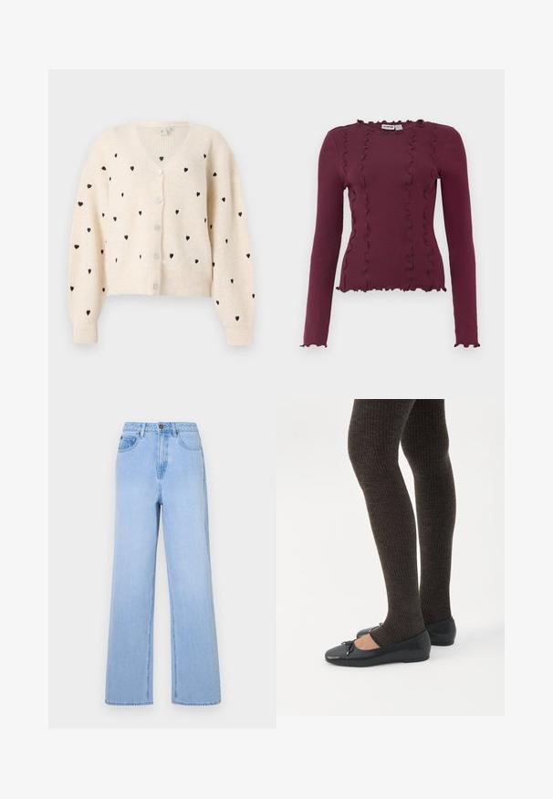 Crème v-hals cardigan met een geribbelde textuur, zwarte hartpatronen en drie knopen aan de voorkant. Lange, iets gepofte mouwen.; Bordeaux langemouwtop van ribstof met ruches langs de halslijn en de zoom. Aansluitend ontwerp met een korte lengte.; Lichtblauwe high-waisted jeans met een wijd uitlopende pasvorm, gemaakt van denim. Kenmerkt zich door opvallende stiksels en een vijf-pocket styling.; Benen met donkere geribbelde leggings gecombineerd met zwarte ballerina's met kleine strikdetails op een witte achtergrond.