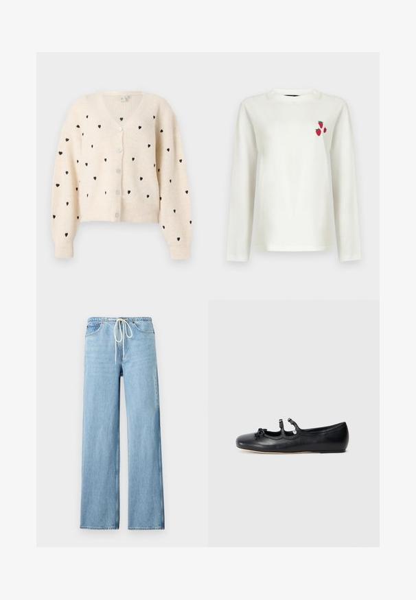 Crème v-hals cardigan met een geribbelde textuur, zwarte hartpatronen en drie knopen aan de voorkant. Lange, iets gepofte mouwen.; Witte longsleeve met ronde hals, met drie kleine rode aardbeien gedrukt op de linkerborst.; Lichtblauwe spijkerbroek met wijde pijpen, elastische tailleband, witte trekkoordsluiting en voorzakken op een witte achtergrond.; Zwarte leren balletschoen met een open ontwerp, voorzien van twee decoratieve banden en een strikdetail op de teen, platte zool. Glad oppervlak.