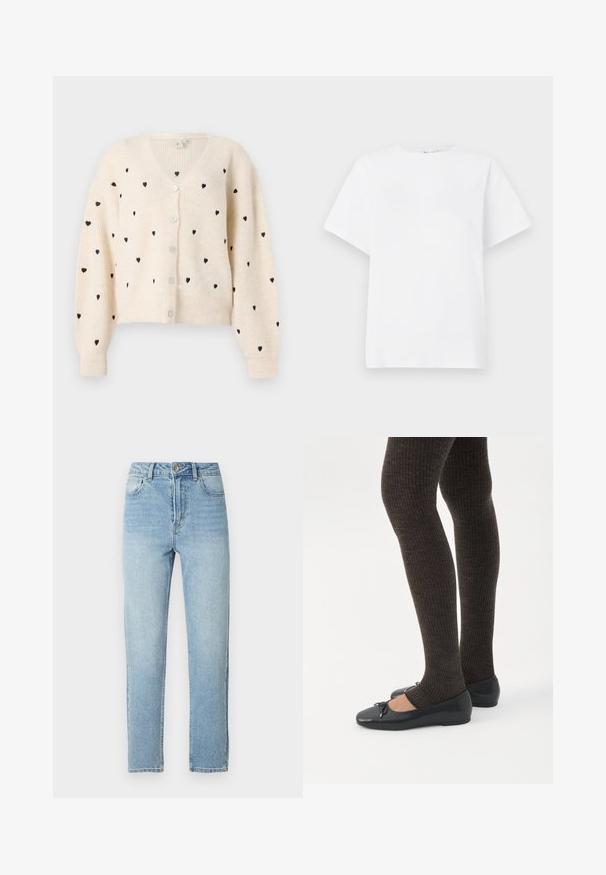 Crème v-hals cardigan met een geribbelde textuur, zwarte hartpatronen en drie knopen aan de voorkant. Lange, iets gepofte mouwen.; Witte korte mouwen t-shirt van katoen. Heeft een ronde hals, een ontspannen pasvorm en een zachte textuur zonder patronen of accenten.; Lichtblauwe spijkerbroeken met een rechte pijp, vijfzakkenmodel, metalen knoopsluiting en subtiele whiskeringdetails aan de voorkant.; Benen met donkere geribbelde leggings gecombineerd met zwarte ballerina's met kleine strikdetails op een witte achtergrond.