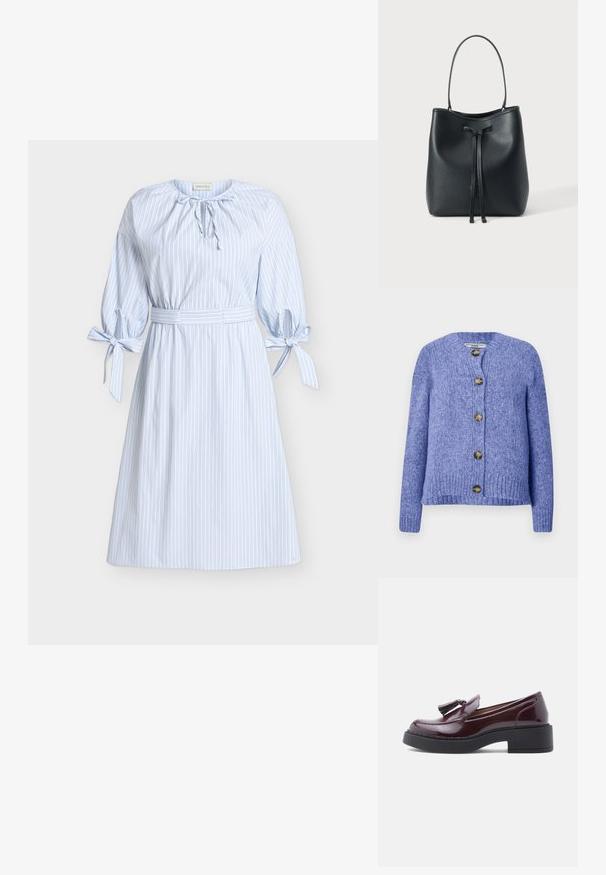 Cardigan en tricot violet avec un col rond, des manches longues et une fermeture à boutons sur le devant. Comprend cinq boutons dorés foncés et une finition texturée.; Robe à rayures bleu clair en tissu doux, avec un col froncé, deux liens décoratifs sur les manches, et une taille ajustée avec ceinture.; Mocassins en cuir verni bordeaux avec un talon plat noir, ornés d'un pompon et de coutures détaillées le long des coutures.; Sac bourse en cuir noir avec une seule bandoulière et une fermeture à cordon sur le devant, sur un fond blanc uni.