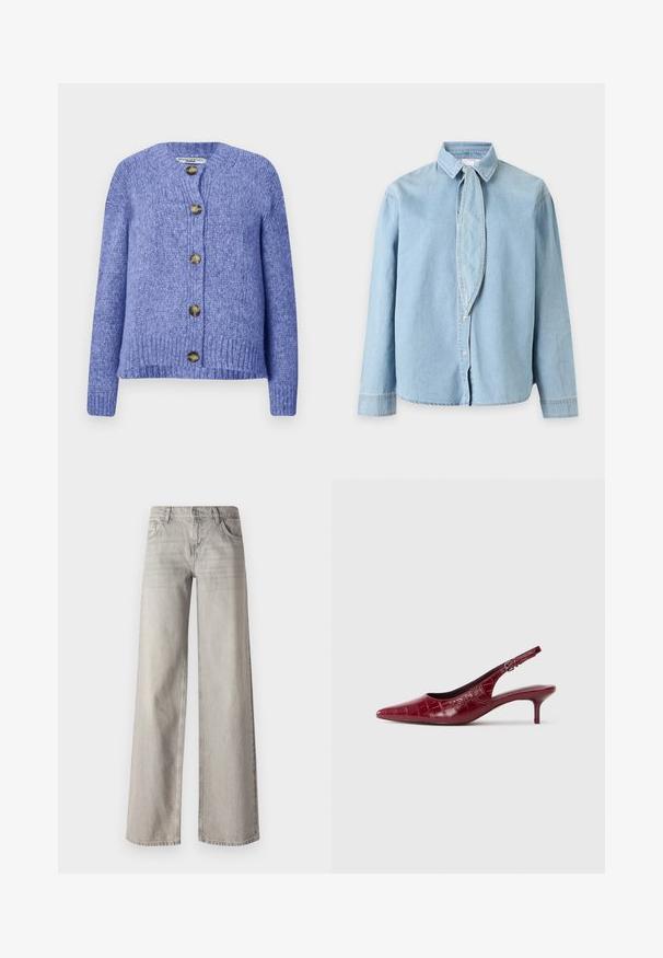 Cardigan en tricot violet avec un col rond, des manches longues et une fermeture à boutons sur le devant. Comprend cinq boutons dorés foncés et une finition texturée.; Chemise en denim bleu clair à manches longues avec col pointu et détail d'un lien étroit en tissu au niveau de l'encolure, boutonnée à l'avant.; Jean large gris clair en denim, avec un design à cinq poches, fermeture à bouton à l'avant et texture légèrement délavée.; Escarpin à talon kitten en cuir bourgogne avec texture crocodile, bout pointu, bride ajustable et talon bas sur fond blanc.