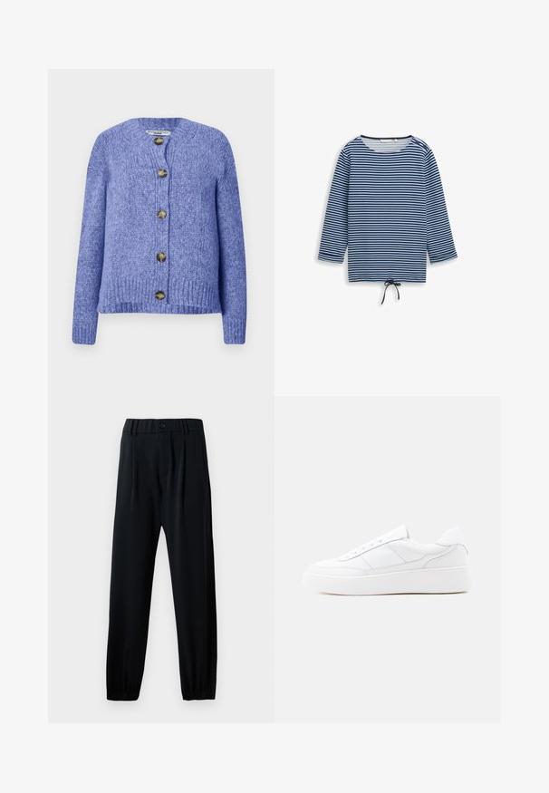 Strikket cardigan i lilla med rund hals, lange ærmer og knaplukning foran. Har fem mørkguld knapper og en struktureret overflade.; Blå og sort langærmet trøje med vandrette striber, rund halsudskæring, to knapper på skulderen og snøre i midten af kanten.; Sorte bukser med elastisk talje, knaplukning, lige ben og samlede manchetter. Fremstillet af et glat, let materiale.; Hvid lavtop-sneaker med tyk sål, snørelukning og diskrete syningsdetaljer på en ensfarvet lys baggrund.