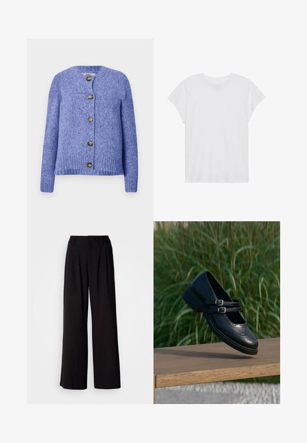 Strickcardigan in Lila mit rundem Ausschnitt, langen Ärmeln und Knopfleiste. Verfügt über fünf dunkelgoldene Knöpfe und eine strukturierten Oberfläche.; Weißes kurzärmliges T-Shirt mit Rundhalsausschnitt, lockerer Passform, aus weichem Baumwollstoff. Glatte Textur, keine Muster oder Logos.; Schwarze weit geschnittene Hosen aus glattem Stoff, mit Falten an der Vorderseite, einem taillierten Bund und ohne sichtbare Muster oder Akzente.; Schwarzer Mary Jane Lederschuh mit doppelten Schnallenriemen und Brogue-Details, schwebend über einer Holzbank mit grünem Gras im Hintergrund.
