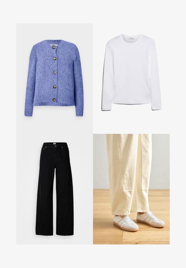 Gebreide cardigan in paars met een ronde hals, lange mouwen en een knopenfrontsluiting. Bevat vijf donker-gouden knopen en heeft een gemêleerde afwerking.; Wit T-shirt met lange mouwen, gemaakt van ribgebreide katoen, met een ronde halslijn en een rechte zoom. Eenvoudig ontwerp zonder patronen of accenten.; Zwarte denim jeans met wijde pijpen, knoopsluiting, vijf zakken en een schone afwerking. Gemaakt van textiel met structuur voor duurzaamheid.; Witte sneakers met een mix van gladde en suede texturen, voorzien van beige accenten en een rubberen zool, gecombineerd met lichtgekleurde wijde broeken.