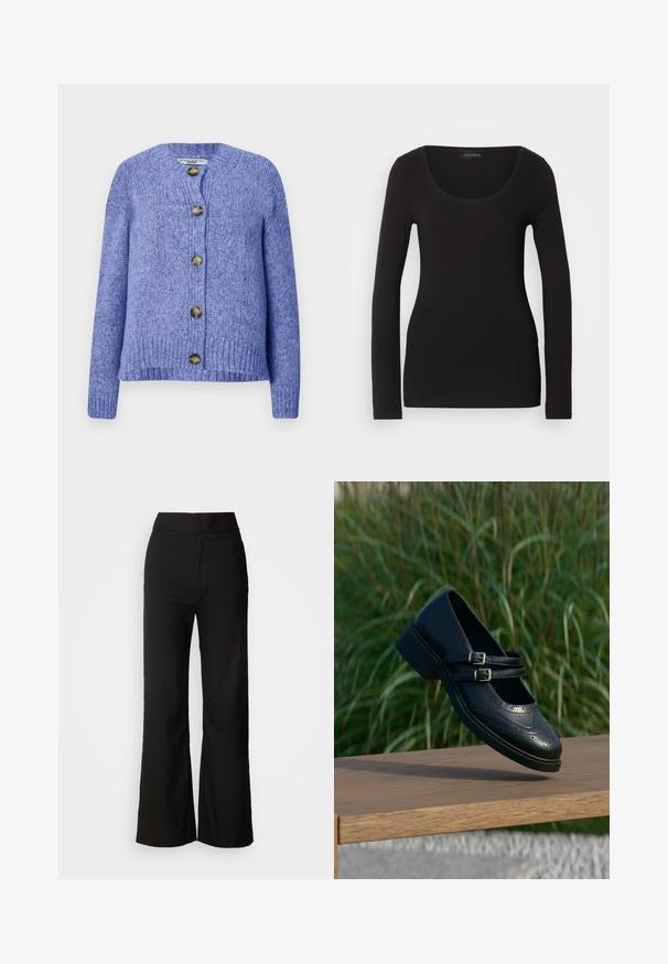 Strikket cardigan i lilla med rund hals, lange ærmer og knaplukning foran. Har fem mørkguld knapper og en struktureret overflade.; Sort langærmet top med en rund halsudskæring, lavet af blødt, strækbart stof. Har en tætsiddende pasform og glat tekstur. Brandlabel synlig.; Sorte bukser med bred benvidde, glat tekstur, høj talje og et enkelt design. Ingen synlige lommer eller udsmykninger.; Sort læder Mary Jane-sko med dobbelte spænder og brogue-detaljer, der svæver over en træbænk med grøn græsbaggrund.