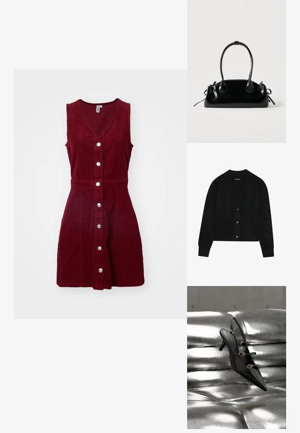 Even&Odd by Zalando Cardigan - black; ONLY ONLMOXIE DRESS - Hverdagskjole - cabernet; Sort spids tå slingback-hæl med to gyldne spænder, der hviler på en blank sølvpolstret overflade.; Lille sort blank håndtaske med to lange håndtag og snøre-detaljer i siden på en ensfarvet lys baggrund.