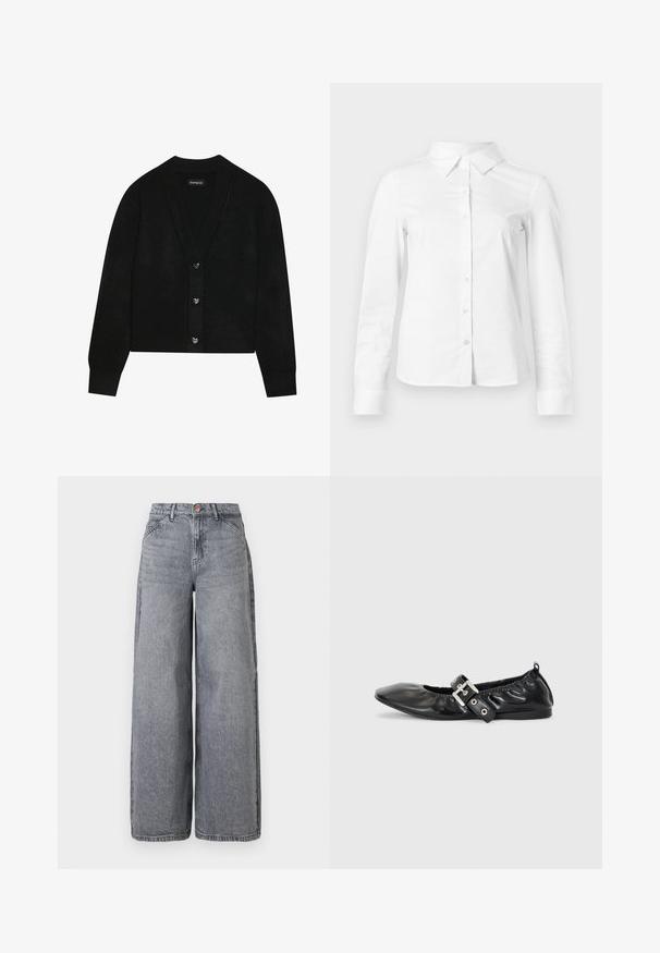Even&Odd by Zalando Cardigan - black; Hvid skjorte med lange ærmer, knapper, spids krave, lige kant og tætsiddende silhuet, vist på en ensartet lys baggrund.; Bredde ben denim jeans i en falmet grå vask, med fem lommer, en knaplukning og en blød tekstur med subtile fældningsdetaljer.; Sorte læder flade sko med spids tå, samling detaljer omkring åbningen, og en sølv spænde accent på den justerbare rem.