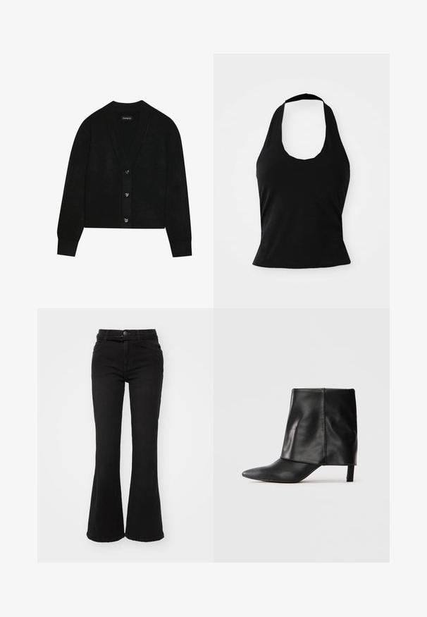 Even&Odd Ζακέτα - black; Μαύρο halter top από μαλακό ύφασμα, με στρογγυλή λαιμόκοψη και εφαρμοστή σιλουέτα, με λεία υφή και χωρίς ορατά σχέδια.; Μαύρα τζιν με φαρδιά γραμμή και ψηλή μέση, κατασκευασμένα από υλικό τζιν. Διαθέτουν μπροστινές τσέπες, κλείσιμο με κουμπί και απαλή υφή.; Μαύρη δερμάτινη μπότα μεσαίου μήκους με μυτερή μύτη, διπλωμένο επάνω κομμάτι και λεπτό χαμηλό τακούνι, τοποθετημένη σε άσπρο φόντο.