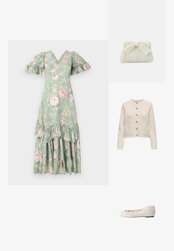 Cardigan de color beige claro hecho de tejido texturizado, con un escote redondo, siete botones grandes y dos bolsillos frontales.; Vestido maxi floral en verde suave con escote en V, mangas abullonadas, acentos con volantes y dobladillo en capas. Presenta rosas rosas y pequeñas flores azules.; Bailarina blanca con cordones cruzados delanteros y lazo en el tobillo, suela plana y puntera redondeada, mostrada de perfil.; Bolso de mano plisado blanco con un destacado detalle de lazo y una correa de cadena dorada. Textura suave con un diseño fruncido en la parte frontal.