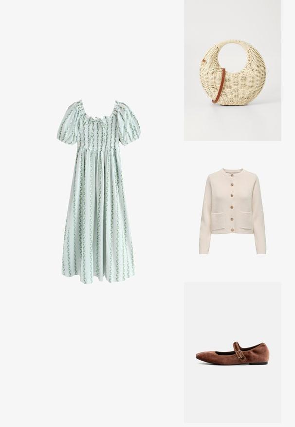 Lys beige cardigan lavet af tekstureret stof, med rund halsudskæring, syv store knapper og to forlommer.; Lyseblå kjole med pufærmer, smocket krop og lodrette grønne blomsterstriber, med en samlet, flydende nederdel.; Bianco Mary Jane shoes BIALILJA - Ballerinasko m/ rem - dark brown; Rund flettet taske i naturligt strå med en tekstureret overflade. Har en glat brun læderrem og et cirkulært håndtag.