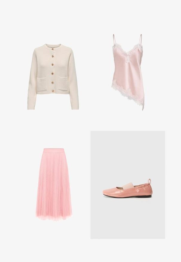 Cardigan beige clair en tissu texturé, avec un col rond, sept grands boutons et deux poches à l'avant.; Caraco en satin rose clair avec bordure en dentelle blanche le long du décolleté en V, de l'ourlet et fines bretelles réglables, avec un ourlet asymétrique.; zero MIT PLIESSENDEM BECHER - Jupe plissée - bridal rose; Ballerines synthétiques roses avec une texture brillante, un bout carré et une bande élastique douce sur le cou-de-pied. Semelle en caoutchouc noire et tirette à l'arrière.