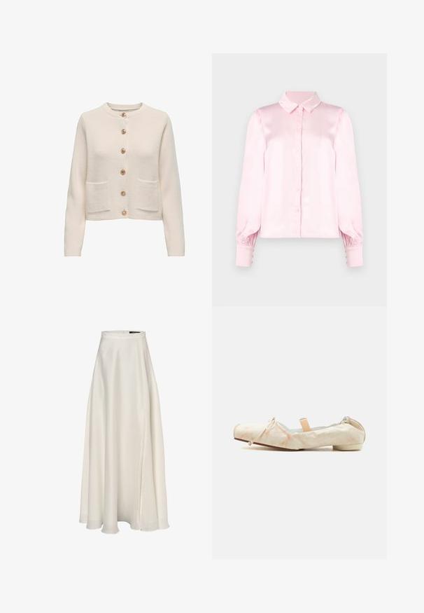 Lichtbeige cardigan van textuurstof, met een ronde halslijn, zeven grote knopen en twee voorzakken.; Lichtroze blouse met lange mouwen, knoopsluiting aan de voorkant, klassieke kraag, pofmouwen en aangesloten manchetten.; Swing Maxirok - ecru; Beige ballerina met zachte stof en een kleine hak, elastische achterkant, strikdetail op de neus en een perzikkleurige elastische band over de wreef.