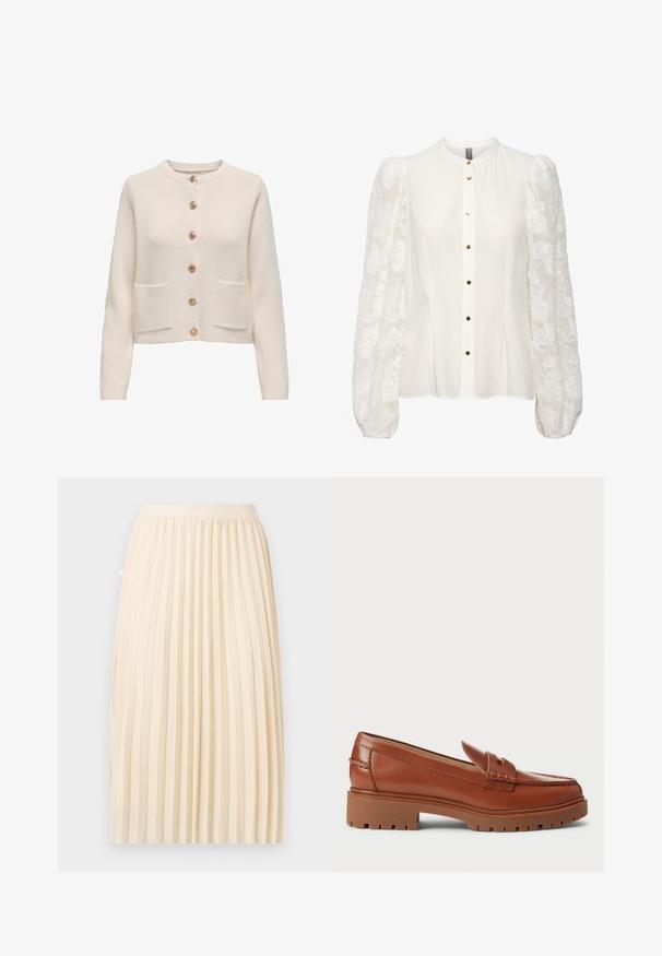 Hellbeige Strickjacke aus strukturiertem Stoff mit rundem Halsausschnitt, sieben großen Knöpfen und zwei vorderen Taschen.; Weißes Blusenshirt mit langen, puffigen Spitzenärmeln, rundem Hals und vorderem Knopfverschluss mit kleinen metallischen Knöpfen.; Cremefarbener plissierter Midirock mit tailliertem Bund, der gerade vor einem einfarbigen Hintergrund hängt.; Braune Lederloafers mit einer Mokassin-Spitzenform, sichtbarem Nähen und einer dicken, strukturierten Gummisohle. Akzentuierung mit goldfarbener Hardware.