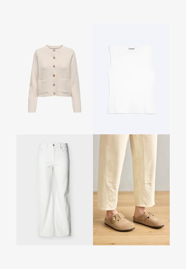 Hellbeige Strickjacke aus strukturiertem Stoff mit rundem Halsausschnitt, sieben großen Knöpfen und zwei vorderen Taschen.; Weißes, ärmelloses, figurbetontes Tanktop mit rundem Ausschnitt und minimalistischem Design, innen am Kragen mit der Aufschrift „WEEKDAY“.; Weiße Jeans mit hohem Bund und geradem Bein, vorne mit Knopf- und Reißverschluss sowie seitlichen und hinteren Taschen, vor einem schlichten hellen Hintergrund.; Tanfarbene Wildleder-Clogs mit einem breiten Riemen und einer goldenen Schnalle, strukturierten Oberfläche und brauner Gummisohle; getragen mit lockeren, elfenbeinfarbenen, schmal zulaufenden Hosen.