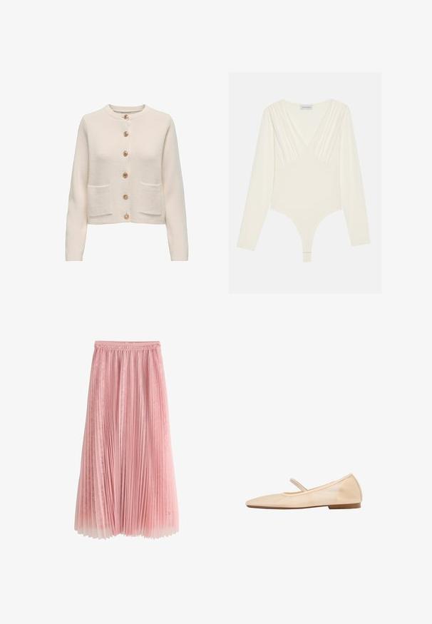 Lys beige cardigan lavet af tekstureret stof, med rund halsudskæring, syv store knapper og to forlommer.; Langærmet bodysuit i creme, med en dyb V-udskæring, samlet tekstur ved skuldrene og et thong-bottom design. Blødt, strækbart stof.; Rosa plisseret midi-nederdel med et lag af blonder under og en rynket talje, vist på en hvid baggrund.; Beige flad balletsko med rundet tå, en tynd rem over vristen og en lille hæl.