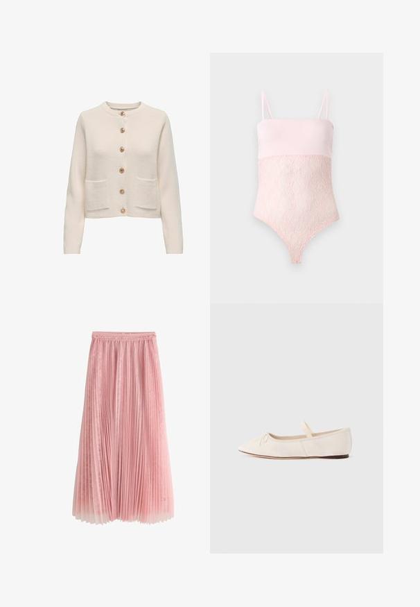 Lichtbeige cardigan van textuurstof, met een ronde halslijn, zeven grote knopen en twee voorzakken.; Lichtroze kanten body met spaghettibandjes en een gladde bovenkant tegen een effen lichte achtergrond.; Roze geplooide midi-rok met een kanten onderlaag en een geplooide tailleband, getoond op een witte achtergrond.; Ballerina's met een lichte beige suède bovenwerk, een puntige neus en een dunne elastische band over de wreef. Platte zool met een minimale rubberen accent.