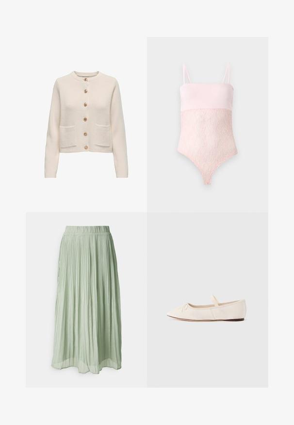 Hellbeige Strickjacke aus strukturiertem Stoff mit rundem Halsausschnitt, sieben großen Knöpfen und zwei vorderen Taschen.; Hellrosa Spitzenbody mit Spaghettiträgern und glatter oberer Partie vor hellem einfarbigem Hintergrund.; Faltiger Midirock aus leicht grünem Stoff mit weicher Textur. Elastischer Taillenbund, fließendes Design und subtiler Glanz.; Ballerinas mit einem hellbeigen Obermaterial aus Wildleder, spitzer Zehenpartie und einem dünnen elastischen Riemen über dem Spann. Flache Sohle mit minimalem Gummiakzent.