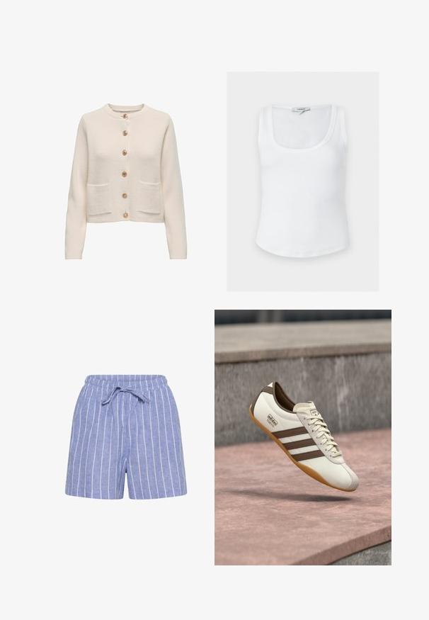 Hellbeige Strickjacke aus strukturiertem Stoff mit rundem Halsausschnitt, sieben großen Knöpfen und zwei vorderen Taschen.; Weißes ärmelloses geripptes Tanktop mit Rundhalsausschnitt und Topshop-Etikett an der Rückseite des Innenkragens, auf neutralem Hintergrund dargestellt.; Blaue Shorts mit weißen vertikalen Streifen, elastischem Bund und vorderem Kordelzug.; Weißer Sneaker mit braunen Akzenten und drei Streifen, ausgestattet mit einer Wildlederkappe an der Spitze, cremefarbenen Schnürsenkeln und einer Gummisohle in Kaugummifarben. Markenlogo sichtbar.