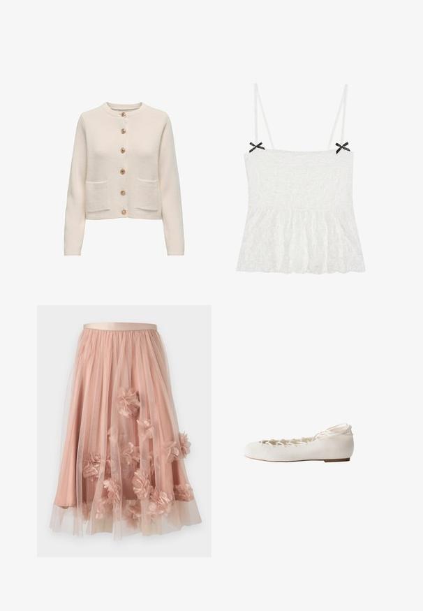 Cardigan beige clair en tissu texturé, avec un col rond, sept grands boutons et deux poches à l'avant.; Camisole en dentelle blanche avec des fines bretelles, ornée de nœuds noirs sur les épaules et d'un ourlet évasé pour un design féminin.; Jupe en tulle rose pâle avec une ceinture en satin. Comprend plusieurs couches de tissu transparent et des appliqués floraux en trois dimensions sur toute la surface.; Ballerine blanche avec lacets croisés devant et attache à la cheville, semelle plate et bout arrondi, vue de profil.