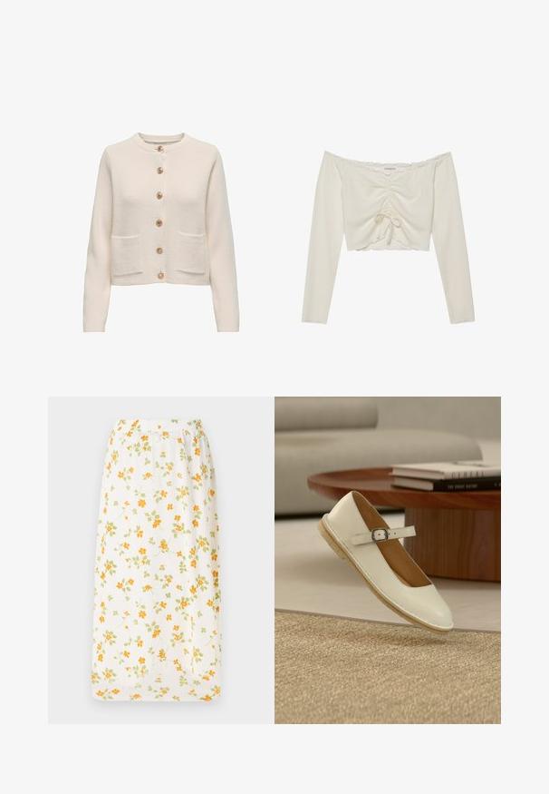 Cardigan beige clair en tissu texturé, avec un col rond, sept grands boutons et deux poches à l'avant.; Top court à épaules dénudées en tissu crème côtelé, comportant un détail à cordon à l'avant et des manches longues avec des bords festonnés.; Jupe longue florale en tissu léger, base blanche avec des fleurs orange et vertes dispersées, taille élastique, design fluide.; Chaussure Mary Jane couleur crème avec bride à boucle et semelle beige flottant au-dessus d'un tapis tissé, avec une table en bois et des livres en arrière-plan.