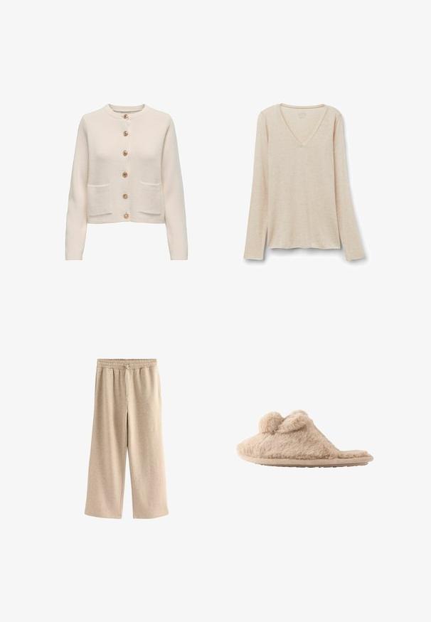 Cardigan de color beige claro hecho de tejido texturizado, con un escote redondo, siete botones grandes y dos bolsillos frontales.; Camiseta de manga larga con escote en V en tejido beige claro con una textura suave. Corte relajado con dobladillo recto y diseño minimalista.; Pantalones de pierna ancha color crema, hechos de una suave mezcla de algodón. Presentan una cintura elástica con cordón y una sutil textura moteada.; Zapatilla beige y peluda que se pone deslizando, con dos pompones en la parte superior y suela plana, diseñada para uso en interiores.