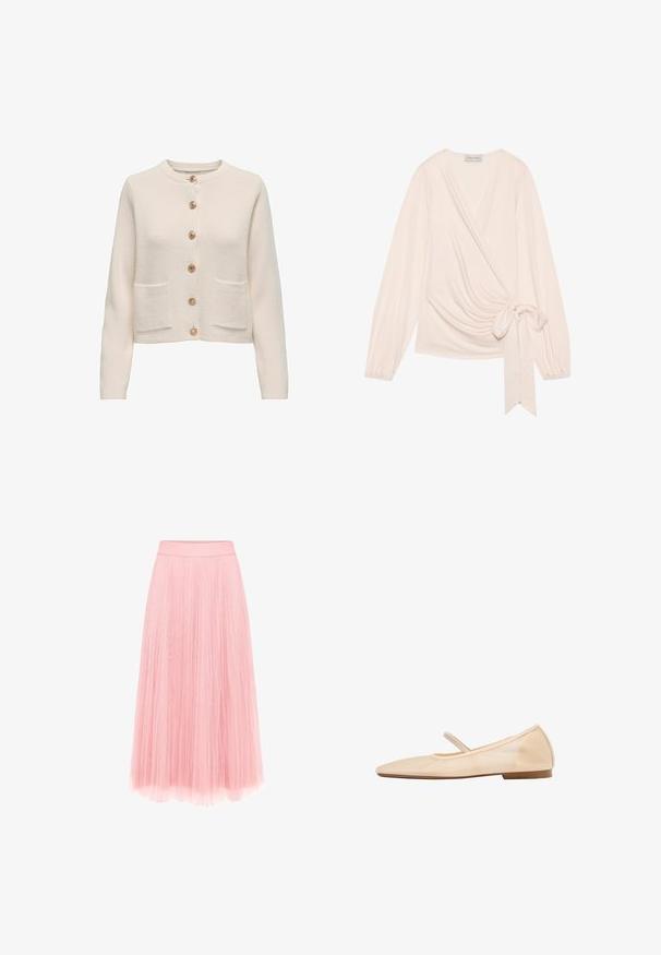 Lichtbeige cardigan van textuurstof, met een ronde halslijn, zeven grote knopen en twee voorzakken.; Omhul top in een zachte, lichtroze stof. Heeft lange mouwen, een strik in de taille en een subtiele draping aan de voorkant.; zero MIT PLIESSENDEM BECHER - Plooirok - bridal rose; Beige platte balletschoen met een ronde neus, een dun riempje over de wreef en een kleine hak.