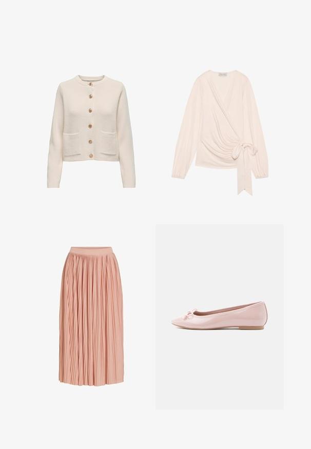 Hellbeige Strickjacke aus strukturiertem Stoff mit rundem Halsausschnitt, sieben großen Knöpfen und zwei vorderen Taschen.; Oberteil aus weichem, hellrosa Stoff. Mit langen Ärmeln, einem Bindeband in der Taille und sanften Drapierungen an der Vorderseite.; Hellrosa plissierter Midirock mit weitem Bund, aus leichtem Stoff, vor weißem Hintergrund dargestellt.; Rosa Ballerinas aus Lackleder mit spitzer Zehenpartie und dekorativer Schleife vorne. Mit flacher Sohle und nahtlosem Design.