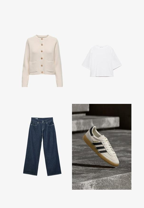 Hellbeige Strickjacke aus strukturiertem Stoff mit rundem Halsausschnitt, sieben großen Knöpfen und zwei vorderen Taschen.; Weißes, kurzärmeliges, kastiges T-Shirt aus weicher Baumwolle. Es verfügt über einen Rundhalsausschnitt und breite Ärmel mit einem klaren, schlichten Design.; Dunkelblaue, weit geschnittene Denim-Jeans mit doppelter Knopfverschluss, vorderen Taschen und kontrastierender Naht auf weißem Hintergrund.; Weißer Adidas Spezial Sneaker mit schwarzen Streifen und Kautschuksohle, der über grauen Steinstufen im Freien schwebt.