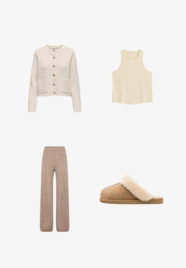 Hellbeige Strickjacke aus strukturiertem Stoff mit rundem Halsausschnitt, sieben großen Knöpfen und zwei vorderen Taschen.; Ärmelloses beiges Crop-Top mit rundem Ausschnitt und kleinem weißen Logo zentriert nahe dem Kragen auf einfarbigem weißem Hintergrund.; Strickweite-Hosen in einem hellbraunen Farbton mit einem gerippten Bund und Bündchen, aus einem weichen, strukturierten Stoff. Keine sichtbaren Taschen.; Beige Wildlederschlappen mit einem weichen, flauschigen Innenfutter aus cremefarbener Schafsleder. Verfügt über eine flache, strukturierte Gummisohle für einen sicheren Halt.