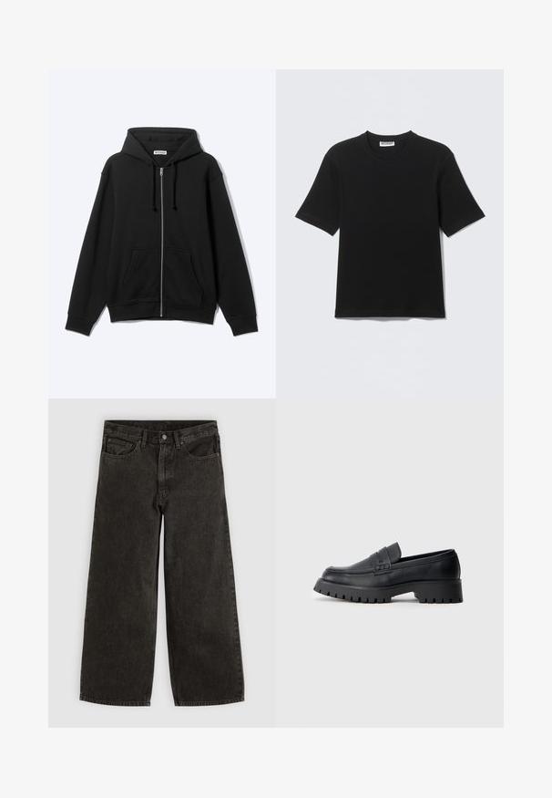 Sweat à capuche zippé noir avec poches avant et cordon de serrage à la capuche, présenté sur un fond clair.; T-shirt noir à manches courtes avec col rond, portant une étiquette "WEEKDAY" à l'intérieur du col, présenté à plat sur un fond clair.; Jean en denim noir à jambes larges avec bouton et fermeture éclair à l'avant, passants de ceinture, et cinq poches, étalé à plat sur un fond blanc.; Mocassins en cuir noir avec un bout arrondi, présentant une sangle décorative et une semelle en caoutchouc épaisse avec de profonds crampons pour une meilleure adhérence.