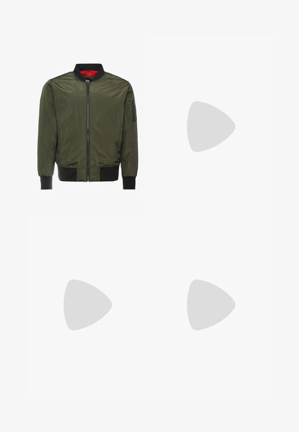 Veste bomber vert olive avec une fermeture éclair à l'avant, des poignets et un col noirs côtelés, et une doublure intérieure rouge vif. Comprend une poche zippée sur le côté.; Sweat à capuche noir avec une poche kangourou, une capuche à cordon et des poignets côtelés. Fabriqué en tissu doux avec une coupe classique et des manches raglan.; Pantalons cargo vert olive en coton doux avec cordon de taille réglable, poignets élastiques et poches latérales.; Baskets blanches en cuir avec des surfaces texturées, un col rembourré et un amorti d'air visible dans la semelle. Elles possèdent des lacets et un design minimaliste.
