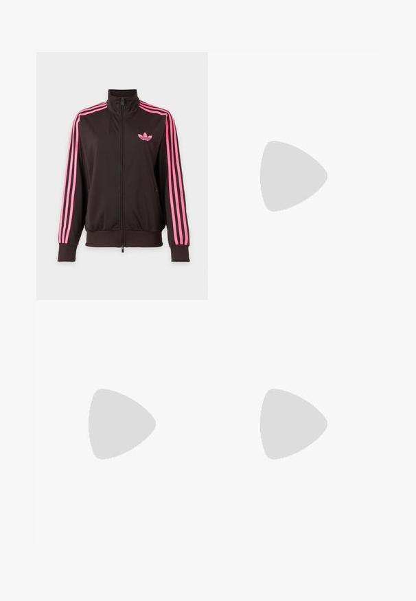 Mustast lukuga spordijakk roosade triipudega varrukatel ja roosa Adidas logo rinnal, esitatud lihtsal taustal.; Roheline ilma varrukat kudumivest V-kaelusega, soonikkoes servad, valge äär ja "Dickies" logo rinnal.; Bordeaux värvi sportlikud püksid, mis on valmistatud tekstureeritud kangast, elasticse vöökoha ja külgõmblustega sirge jala disainiga.; Mustad nahast toss valge kolmerealise triibu kujundusega, tekstureeritud detailide, mustade paelte ja kummist tallaga. Brändi logo on nähtav keelal.