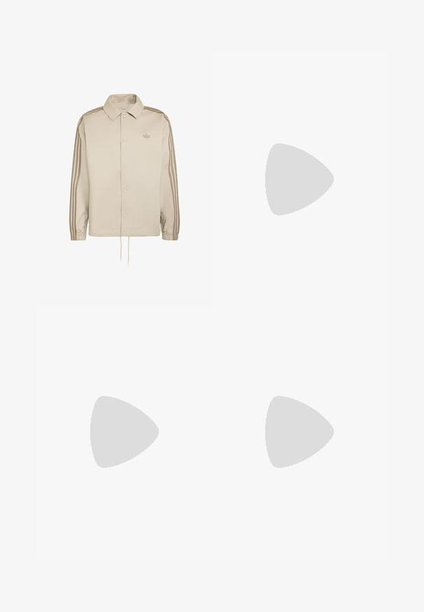 Chaqueta beige de Adidas con mangas largas, cierre de botones delantero, puños elásticos, tres rayas en las mangas y pequeño logo Trefoil en el pecho.; Sudadera púrpura hecha de un tejido suave, con un bolsillo canguro, puños acanalados y un pequeño logo negro en el pecho. Diseño minimalista.; Pantalones deportivos negros con textura acanalada vertical, con franjas laterales en rojo y blanco y un pequeño logotipo blanco en la pierna izquierda.; Zapatilla deportiva negra con detalles rojos, parte superior de malla, cordones blancos y suela de goma texturizada. Presenta un logotipo en rojo y blanco en el lateral.