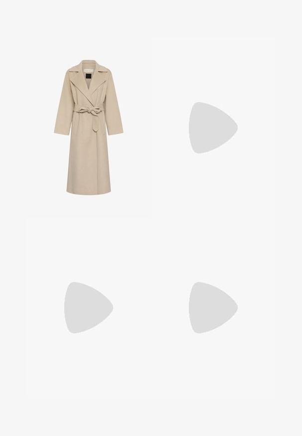 Long manteau en laine beige avec larges revers, ceinture nouée à la taille et deux poches avant.; Pull en maille gris clair avec un col rond, des manches longues et une finition texturée subtile. Aucun motif ou accent visible.; Pantalons à jambe large en tissu marron clair, dotés de plis, d'un devant plat et d'un ourlet net. Texture lisse avec un léger éclat.; Sneaker en cuir blanc avec une finition lisse, accents en suède beige, bout arrondi, design à lacets plats et semelle en caoutchouc texturée.