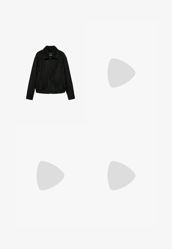 Zwarte jas met ritssluiting, geribde kraag en elastische tailleband, lange mouwen en twee zijzakken, afgebeeld op een witte achtergrond.; Effen witte oversized T-shirt met korte mouwen, ronde halslijn en een zwart label aan de binnenkant van de kraag, op een witte achtergrond.; Zwarte broek met elastische taille, trekkoord en zijzakken, voorzien van een losse pasvorm en rechte pijpen.; Zwarte leren loafer met een dikke rubberen zool en klassieke penny-strap details, gezien vanaf de buitenkant.