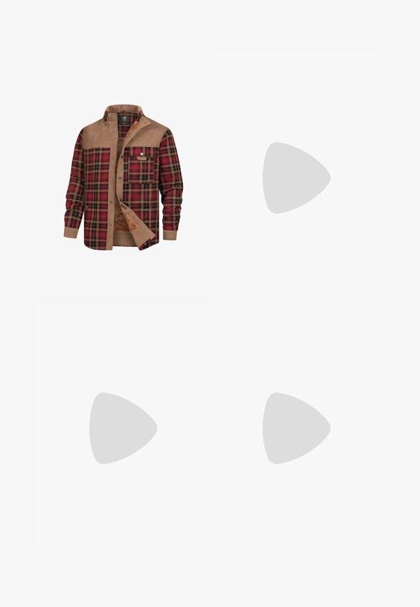 Chaqueta de camisa a cuadros en colores rojo, negro y marrón. Presenta una parte superior de pana y un forro suave. Incluye dos bolsillos frontales y cierres a presión.; Camiseta de manga corta en beige claro, hecha de algodón suave. Presenta un escote redondo y una textura lisa sin patrones ni gráficos.; Chinos caqui con una textura de tela suave, diseño de pierna recta, bolsillos frontales y cierre de botón. Cintura estructurada con trabillas para cinturón.; Botines marrones de ante con detalles de brogue, puntera redonda, ojales metálicos y suela de goma texturizada, con tacón pequeño y lengüeta para facilitar el calce.