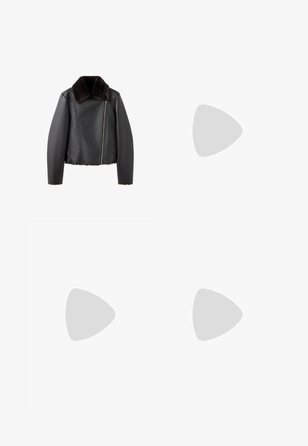 Chaqueta de cuero negra con cremallera frontal asimétrica y cuello de piel oscura y suave, mangas largas y ribete de piel en el dobladillo y los puños.; Jersey de manga larga y textura suave con un patrón en degradado que combina colores marrón, gris y beige, con cuello redondo y textura suave.; Pantalones marrones de pierna ancha confeccionados en una tela suave; presentan pliegues frontales y una cinturilla estándar. Diseño minimalista sin cierre visible.; Botas de ante marrón hasta el tobillo con puntera redondeada y un forro interior suave, que presentan una suela de goma plana y acentos de costura en tono similar.