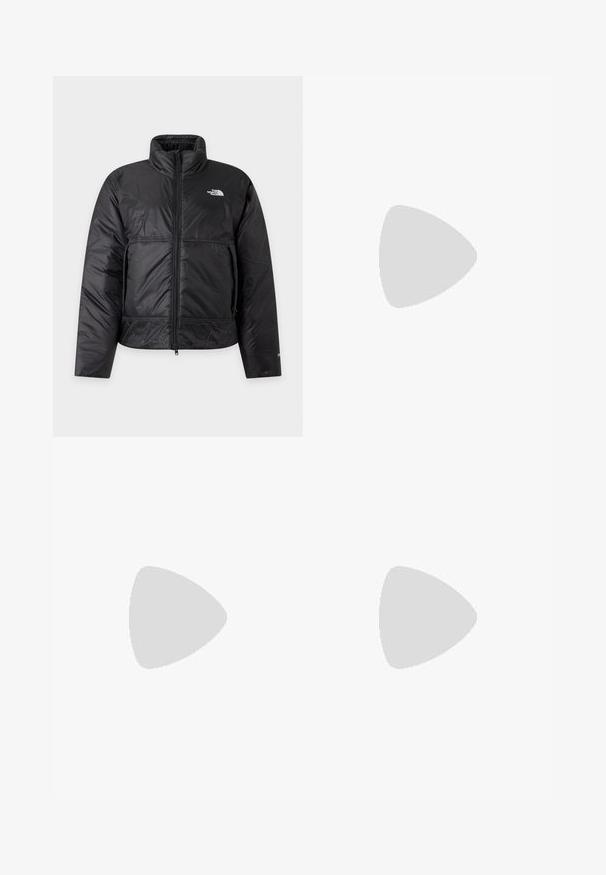 Black zip-up insulated jacket with stand collar, side pockets, and The North Face logo on the left chest.; Light purple fleece pullover with long sleeves, stand-up collar, quarter zip, and chest pocket with The North Face logo.; Black athletic skirt made of lightweight, smooth nylon fabric. Features an elastic waistband and a simple, long, A-line design.; Black ballet flats with a suede upper, rubber sole, and crisscross lacing. Featuring a rounded toe and a textured side accent.