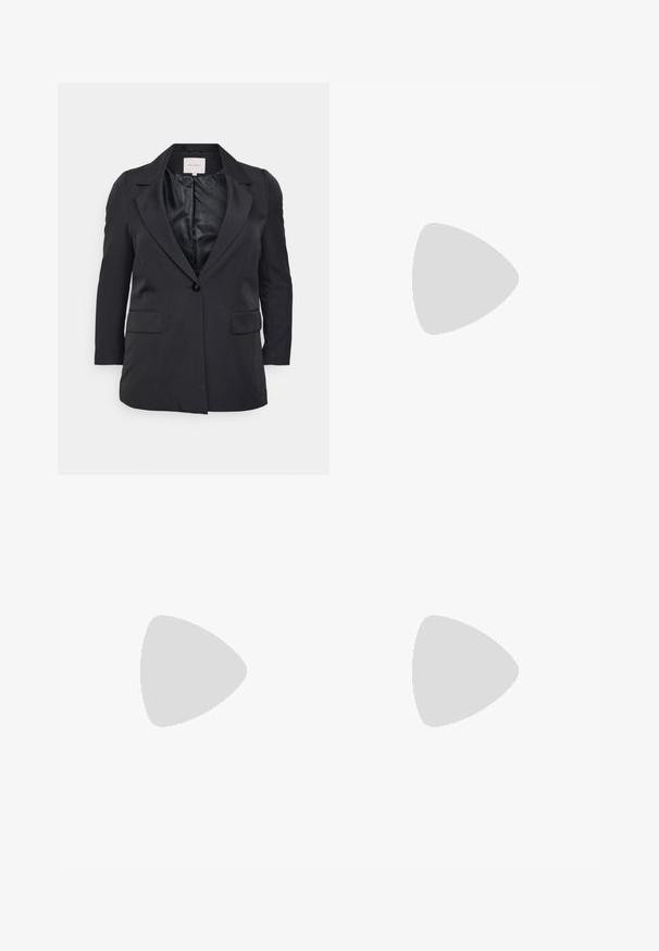 Mustmust vetsak lapel-kraevidusega, ühe nupuga kinnitamine, kaks esist pocketit ja siidine vooder. Tekstuuriga materjal koos struktureeritud disainiga.; Even&Odd Curvy Topp - blue; Lilla ja oranž tie-dye midi seelik pehmest kangast, A-line kujuga ja peene tekstuuriga, omades sujuvat vöökohta ja voolavat disaini.; Beige kangastossud, millel on lõikekujundus ja rihmadetailid, tekstuursete kummitaldadega ning külgedel nähtava brändimisega.