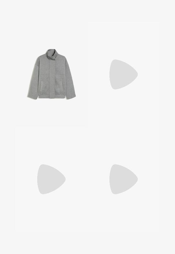 Light grey, long-sleeve jacket with high collar, front pockets, and a concealed front closure, laid flat on a white background.; Long-sleeve plain white crew-neck shirt with slim fit, displayed against a light gray background.; Light grey wide-leg cropped pants with elastic waistband and front drawstring, made of soft knit fabric.; Gray suede sneaker with white leather stripes and gold logo detail. Flat gum sole, rounded toe, and classic lace-up closure design.
