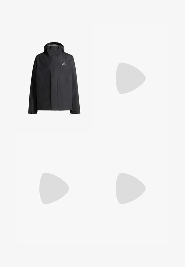 Zwarte waterdichte jas met capuchon, volledige ritssluiting aan de voorkant bedekt door een flap, lange mouwen met verstelbare manchetten en een klein reflecterend logo op de borst.; Zwarte sportieve t-shirt gemaakt van lichtgewicht stof, met mesh schouderpanelen, korte mouwen en witte adidas en F50 logo's.; Zwarte sportbroek gemaakt van lichtgewicht materiaal, voorzien van een elastische tailleband en een klein reliëflogo op het bovenste gedeelte van het linkerbeen.; Zwarte sportieve schoenen met een lichtgewicht ontwerp, voorzien van drie opvallende grijze strepen, een gladde textuur en een gevormde zool.